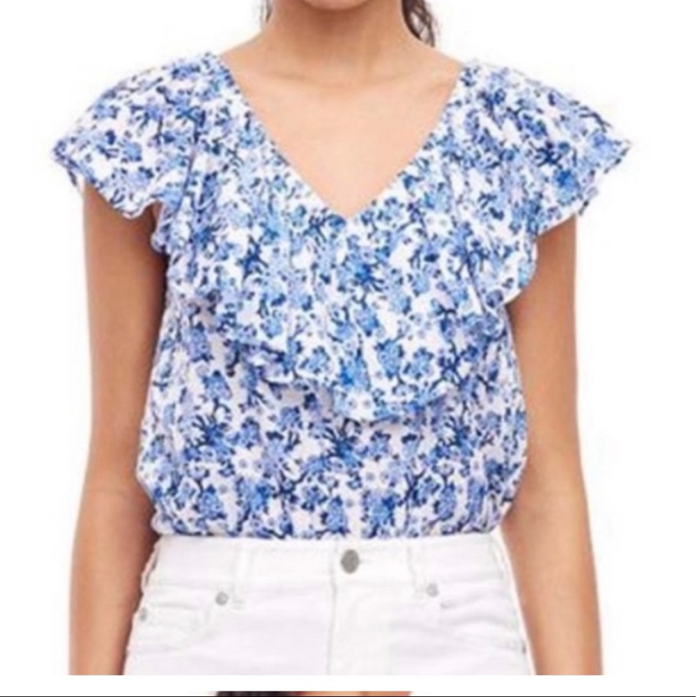 REBECCA TAYLOR Aimee Off Shoulder Blue & White Cotton Floral Top - Picture 3 of 13